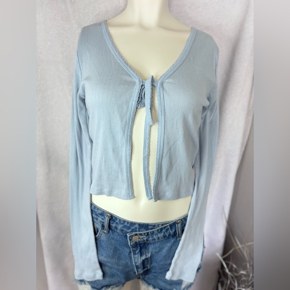 Forever 21 Tie Front Cardigan Ribbed Long Sleeve‎ Crop Top Blue Size L - Picture 1 of 3